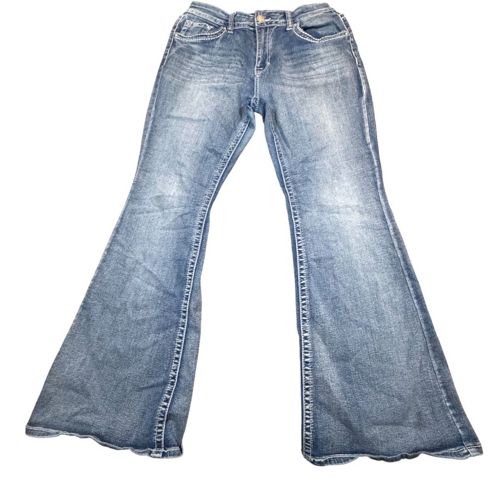 Sky Premium Collection Womens Flare Jeans 13/14 Medium Wash Horse Embroidery